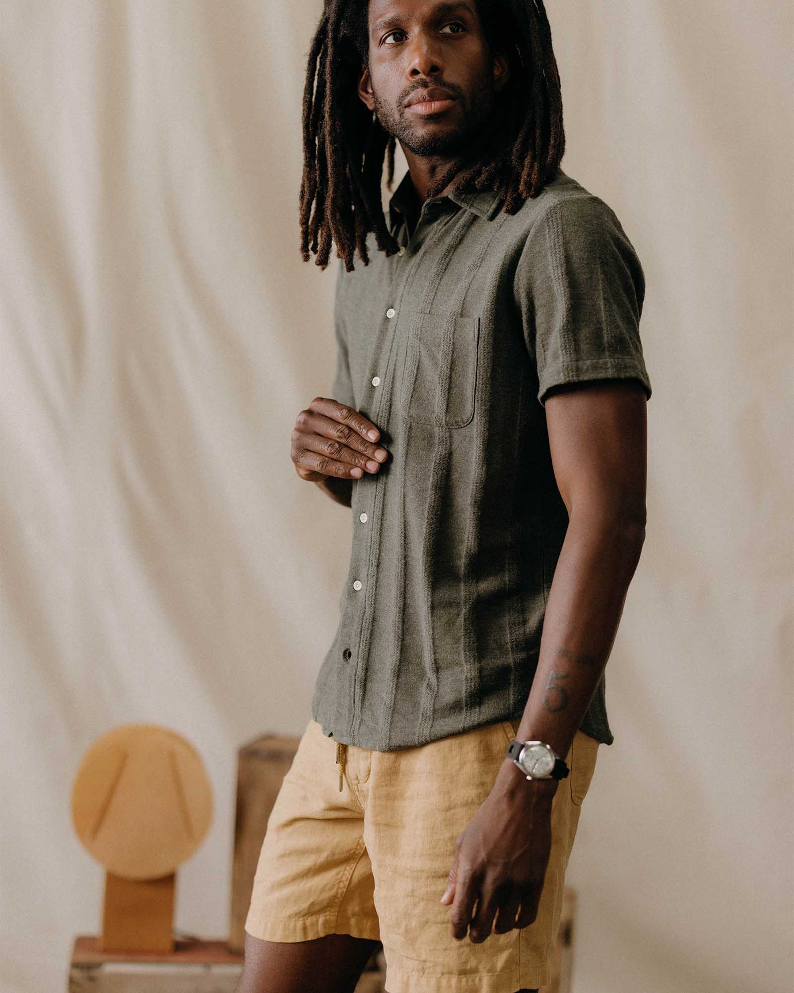 The Short Sleeve California in Heather Olive Pointelle Stripe